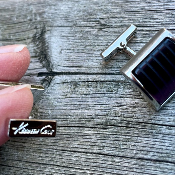 🟪 🟪 Kenneth Cole New York Amethyst Purple Striped Glass Silver Tone Cufflinks - Picture 7 of 12